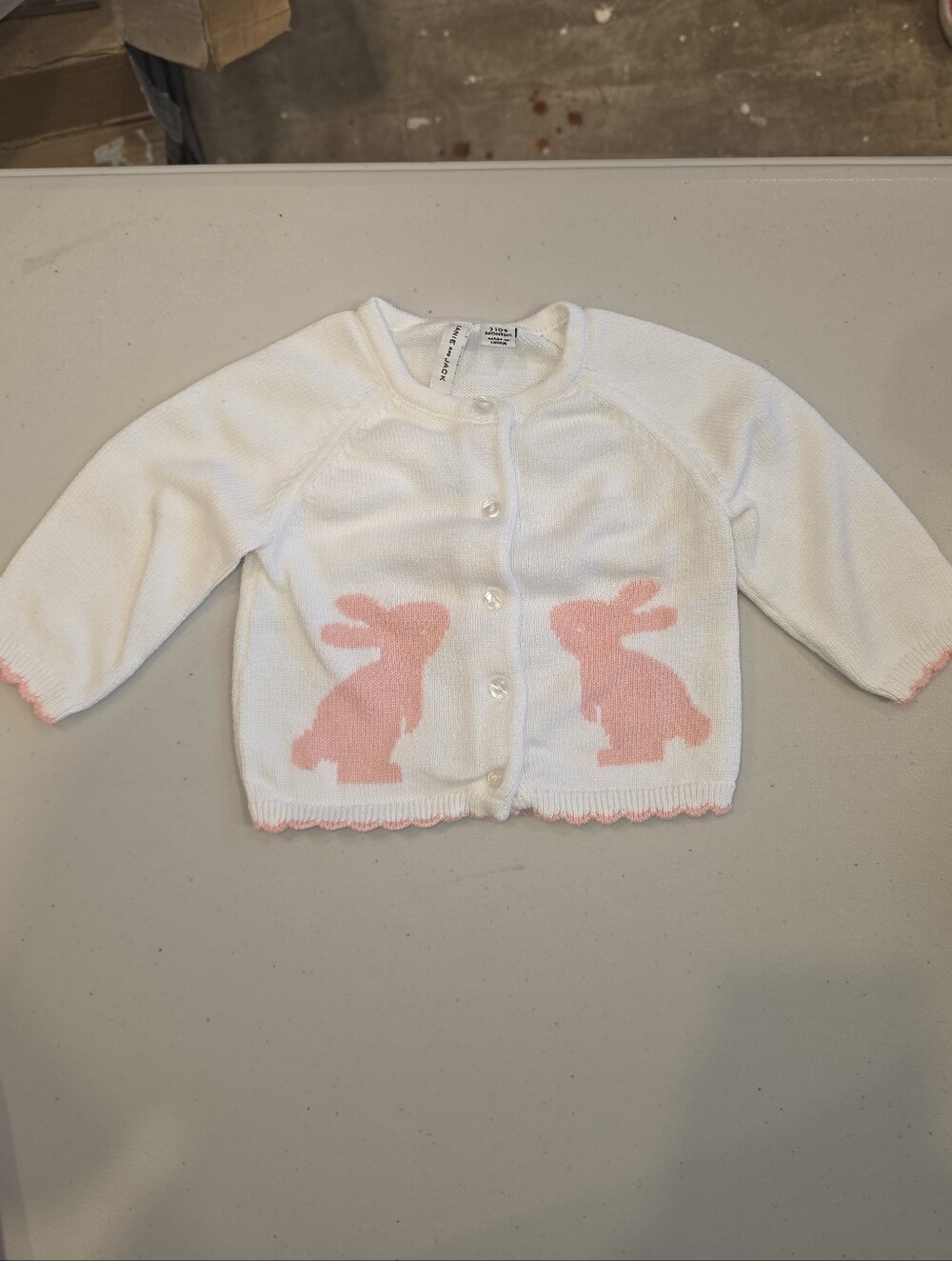 Janie & Jack Baby Girls White Knit Cardigan with Pink Bunny Motif